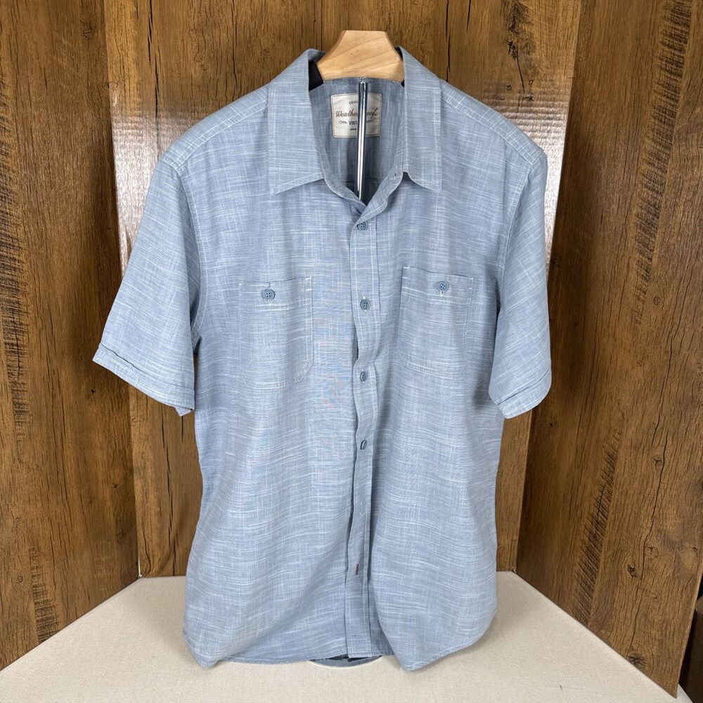 Weatherproof Vintage Men's L Blue Short Sleeve Button Up Shirt Slub Gorpcore